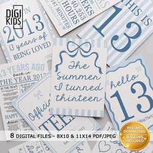Puede incluir: Una colección de letreros digitales en azul claro y blanco con texto, incluyendo "2013", "13 años de ser amado" y "El verano cumplí trece". Los letreros están diseñados para una celebración de 13 cumpleaños.