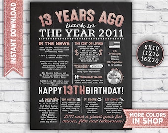 13th birthday decorations - In the year 2011 13th birthday party sign - year you were born poster - back in 2011 printable party decorations