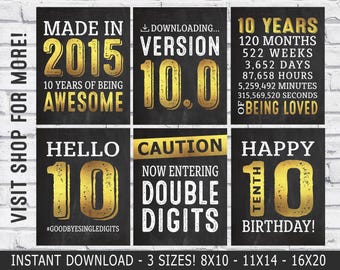 Décorations pour les 10 ans, panneaux pour la fête des 10 ans, affiches pour les 10 ans, nés en 2015, imprimables en téléchargement immédiat, décoration dorée et noire