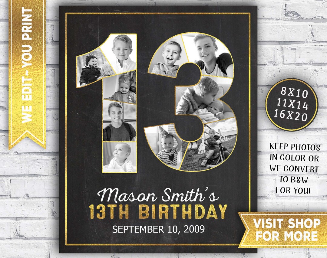 13th Birthday Boy Decorations - 13th Birthday Photo Collage - Gold ...