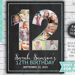 12th birthday decorations for girls - 12th birthday photo collage - TEAL glitter - 12th birthday posters - 2010 Printable Party Decor