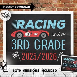 3rd grade sign 2025 - First day of school sign - Racing into 3rd grade poster - Vintage race car chalkboard sign - instant download
