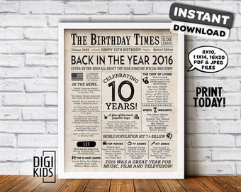 10th birthday decorations - 10th birthday PRINTABLE sign - Back in 2016 year you were born newspaper - Last minute gift - INSTANT DOWNLOAD