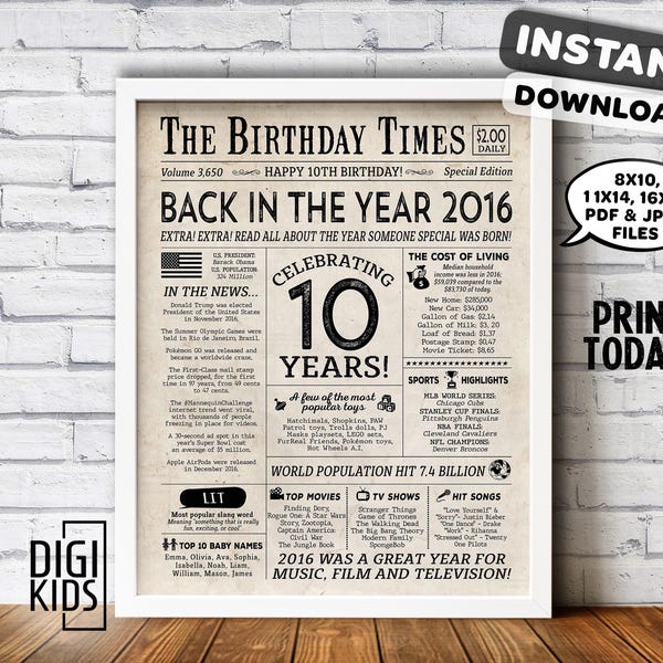 10th birthday decorations - 10th birthday PRINTABLE sign - Back in 2016 year you were born newspaper - Last minute gift - INSTANT DOWNLOAD