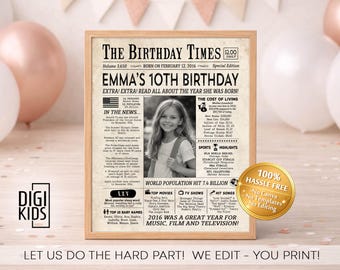 10th Birthday Girl Decorations - Back in 2016 Poster - Year you were born 2016 newspaper - 10th birthday sign - printable digital file