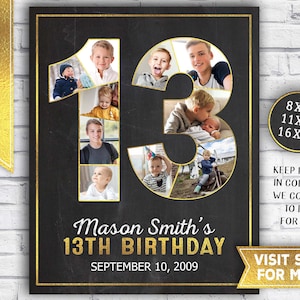 Decoraciones para el 13.° cumpleaños de un niño - collage de fotos para el 13.° cumpleaños - fiesta de cumpleaños en dorado y negro - póster para el 13.° cumpleaños - decoración para fiestas imprimible
