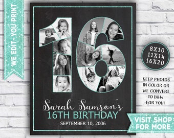 May include: A black and white photo collage of a girl's 16th birthday. The photos are arranged in the shape of the number 16. The text "Sarah Samson's 16th Birthday" is written below the collage. The date "September 10, 2006" is written below the text. The text "8x10, 11x14, 16x20" is written in the top right corner of the image. The text "Keep photos in color or we convert to B&W for you!" is written in the bottom right corner of the image. The text "Visit Shop for More" is written in the bottom right corner of the image.