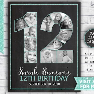 12th birthday decorations for girls - 12th birthday photo collage - TEAL glitter - 12th birthday posters - 2010 Printable Party Decor