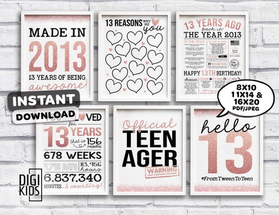 13th birthday party decorations - Rose gold girl 13th birthday party décor - official teenager sign - Printable birthday signs