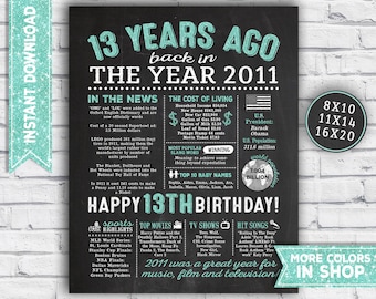 13th birthday decorations - In the year 2011 13th birthday party sign - year you were born poster - back in 2011 printable party decorations