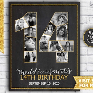 14. Geburtstag Schilder - Fotocollage 14. Geburtstag - Mädchen Dekoration 14. Geburtstag - Last Minute Geschenkidee - Printable Party Decor GOLD