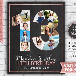 13th birthday girl decorations - 13th birthday photo collage - Rose Gold glitter - 13th birthday posters - Printable Party Decor