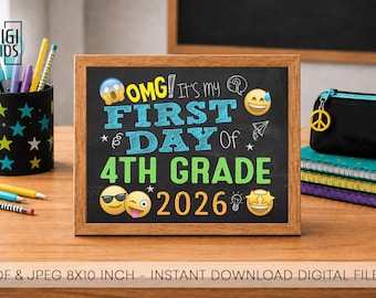 Letrero del primer día de 4.º grado - Imprimible del primer día de 4.º grado 2026 - Accesorio para fotos de pizarra del primer día de clases - Descarga instantánea de emojis