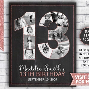 13th birthday girl decorations - 13th birthday photo collage - Rose Gold glitter - 13th birthday posters - Printable Party Decor