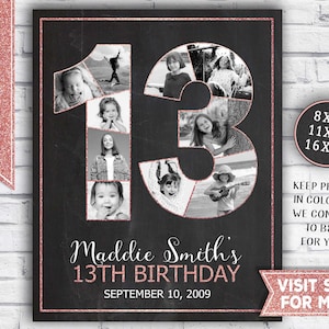 13th birthday girl decorations - 13th birthday photo collage - Rose Gold glitter - 13th birthday posters - Printable Party Decor