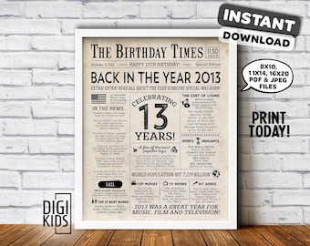 Decoraciones para cumpleaños número 13 - Letrero IMPRIMIBLE para cumpleaños número 13 - Periódico del año 2013 en el que naciste - Regalo de último momento - DESCARGA INSTANTÁNEA