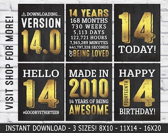 May include: A collection of six chalkboard-style signs with gold and white text, celebrating a 14th birthday. The signs feature phrases such as "14 Today!" and "Made in 2010." Available in three sizes: 20.32 x 25.4 cm, 27.94 x 35.56 cm, and 40.64 x 50.8 cm.
