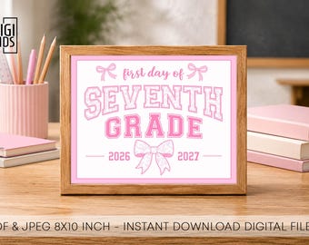First day of 7th grade sign - First day of school printable 2026 - Chalkboard photo prop pink toile with bows - 7th grade digital download