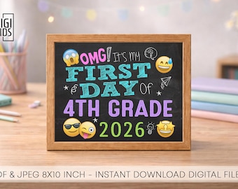 Letrero del primer día de 4.º grado - Imprimible del primer día de 4.º grado 2026 - Accesorio para fotos de pizarra del primer día de clases - Descarga instantánea de emojis