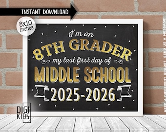 Letrero para el primer día de octavo grado 2025 - ÚLTIMO primer día de secundaria - Pizarra para foto del primer día de clases - Descarga instantánea