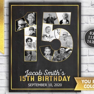 15th birthday photo collage - 15th birthday decorations for boy - last minute gift idea - 15th birthday signs - Printable Party Decor