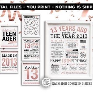 Decoraciones para fiesta de 13.º cumpleaños - Decoración para fiesta de 13.º cumpleaños de niña en oro rosa - Letrero oficial para adolescentes - Letreros de cumpleaños imprimibles imagen 3