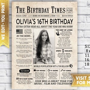 Décorations pour 16e anniversaire de fille - Poster 2008 - Année de naissance 2008 - Toile de fond pour 16e anniversaire - Il y a 16 ans, PDF numérique imprimable