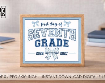 First day of 7th grade sign - First day of school printable 2026 - Chalkboard photo prop denim with bows - 7th grade digital download