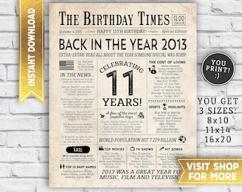 11th birthday decorations - 11th birthday PRINTABLE sign - Back in 2013 year you were born newspaper - Last minute gift - INSTANT DOWNLOAD