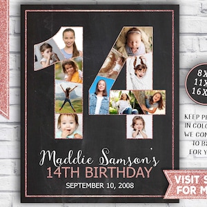 14th birthday girl decorations - 14th birthday photo collage - 14th birthday sign - last minute gift idea - Printable Party Decor rose gold