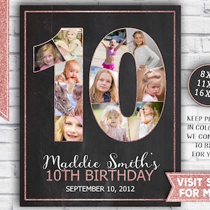 10th birthday girl decorations - 10th birthday photo collage - Rose Gold glitter - 10th birthday posters - 2012 Printable Party Decor