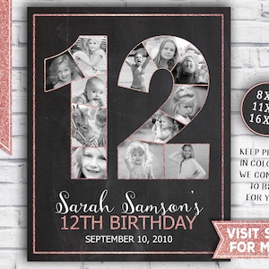 12th birthday girl decorations - 12th birthday photo collage - Rose Gold glitter - 12th birthday posters - 2010 Printable Party Decor