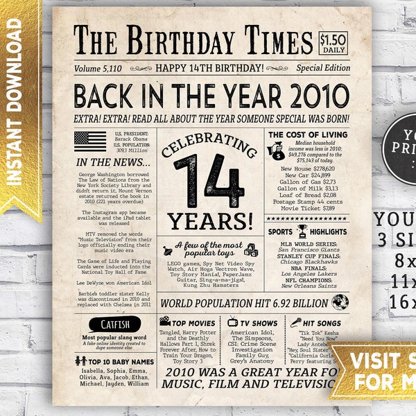 14th birthday decorations - 14th birthday PRINTABLE sign - Back in 2010 year you were born newspaper - Last minute gift - INSTANT DOWNLOAD