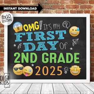 1st day of 2nd grade sign - first day of 2nd grade printable 2025 - 1st day of school chalkboard photo prop - emoji instant download