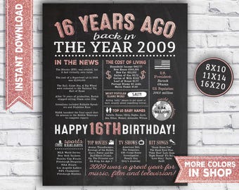 16th birthday decorations - 16th birthday party decor - Born in the year 2009 - year you were born Printable - back in 2009 Instant Download