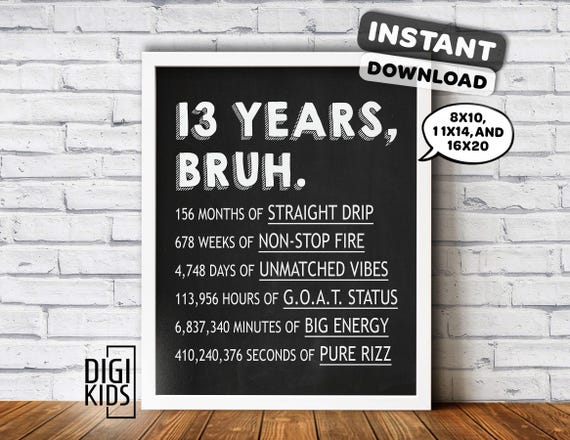 13th birthday sign - Boy's 13th birthday party decorations - BRUH 13 years loved chalkboard printable - DIY instant download files
