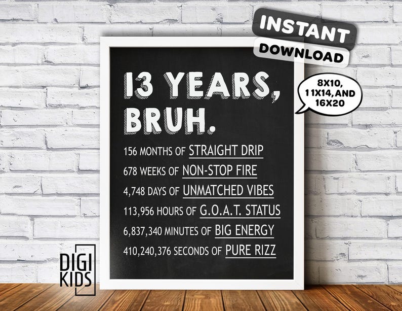 May include: Black and white printable sign with the text "13 Years, Bruh." and a list of time measurements in months, weeks, days, hours, minutes, and seconds. The sign is framed in a white frame.