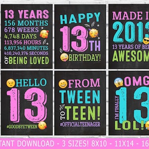 13th birthday girl decorations - 13th birthday emoji party signs - From Tween to Teen -  2013 Official Teenager - Printable Instant Download