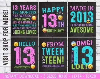 13th birthday girl decorations - 13th birthday emoji party signs - From Tween to Teen -  2013 Official Teenager - Printable Instant Download