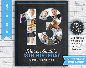 13th birthday boy decorations - 13th birthday photo collage - blue birthday party - 13th birthday posters - 2009 Printable Party Decor
