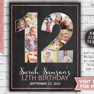 12th birthday girl decorations - 12th birthday photo collage - Rose Gold glitter - 12th birthday posters - 2010 Printable Party Decor