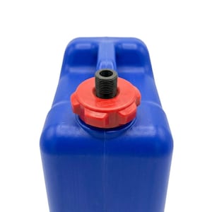 May include: A blue plastic water container with a red cap. The container has a handle on top and a threaded black fitting. The red cap is round with a textured grip for easy opening and closing.