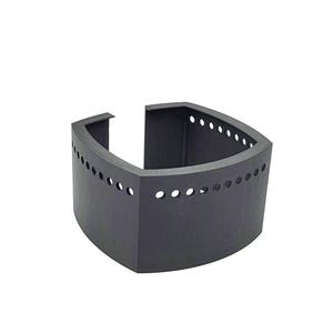 May include: A black plastic ring with a series of small holes around the top and bottom edges. The ring is open on one side.