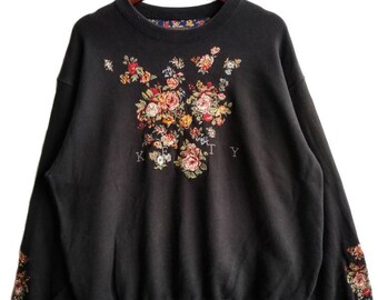 Vintage Ketty Sweatshirt, Schwarz Gestickte Blumen, Größe L, Pullover, Lange Ärmel, Rundhalsausschnitt, Guter Zustand,Art.