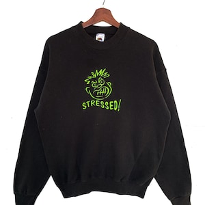 Vintage 80s Embroidery Streess Head Sweatshirt/Size L/Black Colour/Embroidery Logo/Crew Neck/Long Sleeve/Fruits Of The Loom Tag/Made In Usa