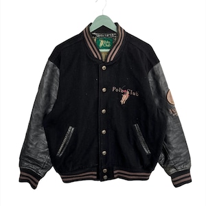 Vintage 90s Polo Club Varsity Jacket: Black Wool with Leather Sleeves