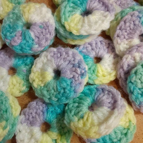 80+ yoyo crochet circles for crafting, clothing embellishment, sewing quilting projects, blue green lavender yellow crocheted yarn yoyos