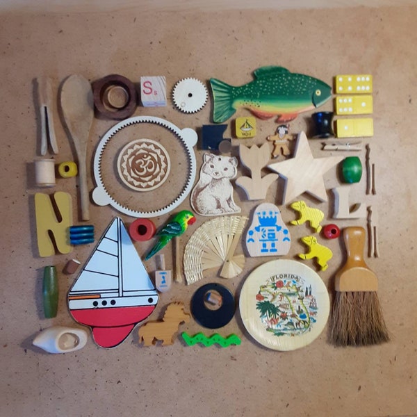 48 wood pieces for repurposing assemblage altered art mixed media art collage, vintage and contemporary wooden pieces odd lot, odds & ends