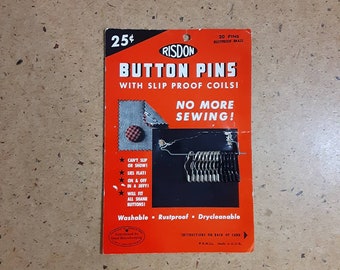 Vintage button pin card, Risdon no-sew notions pins with original packaging for collection upcycling decoration