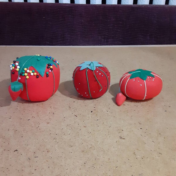 Vintage pincushion with pins, classic red tomato and strawberry sewing supplies accessories notions, retro pin cushion in 3 sizes